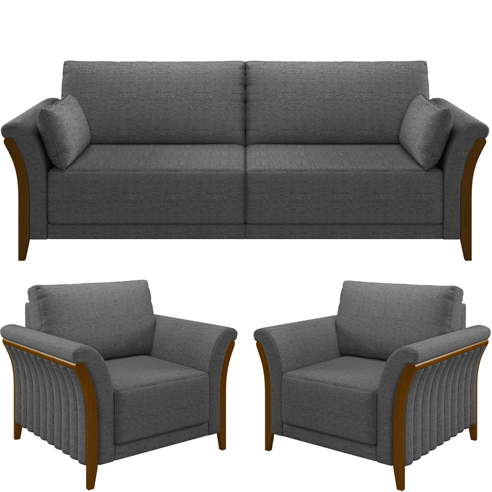 Kit Sofá 03 Lugares Sala Estar 222cm Com 02 Poltronas Stefan Pés Madeira M03 Linho Chumbo - Lyam Decor