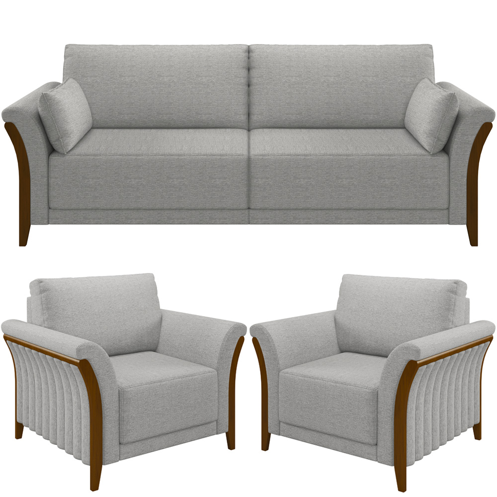 Kit Sofá 03 Lugares Sala Estar 222cm Com 02 Poltronas Stefan Pés Madeira M03 Linho Cinza - Lyam Decor