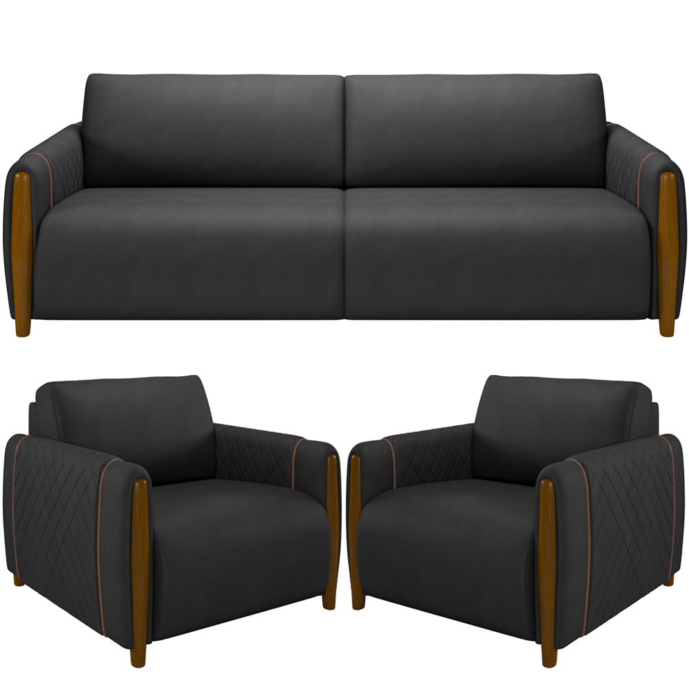 Kit Sofá 03 Lugares Sala Estar 223cm Com 02 Poltronas Flora Pés Madeira M03 Couríssimo Preto - Lyam Decor