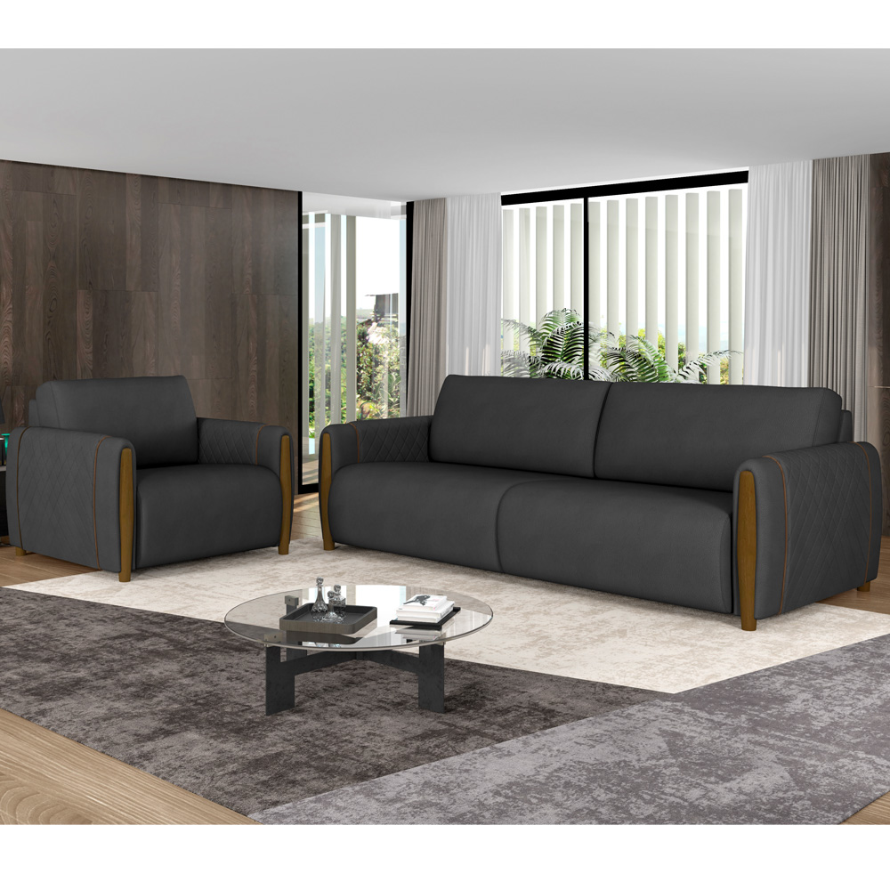 Kit Sofá 03 Lugares Sala Estar 223cm Com 02 Poltronas Flora Pés Madeira M03 Couríssimo Preto - Lyam Decor