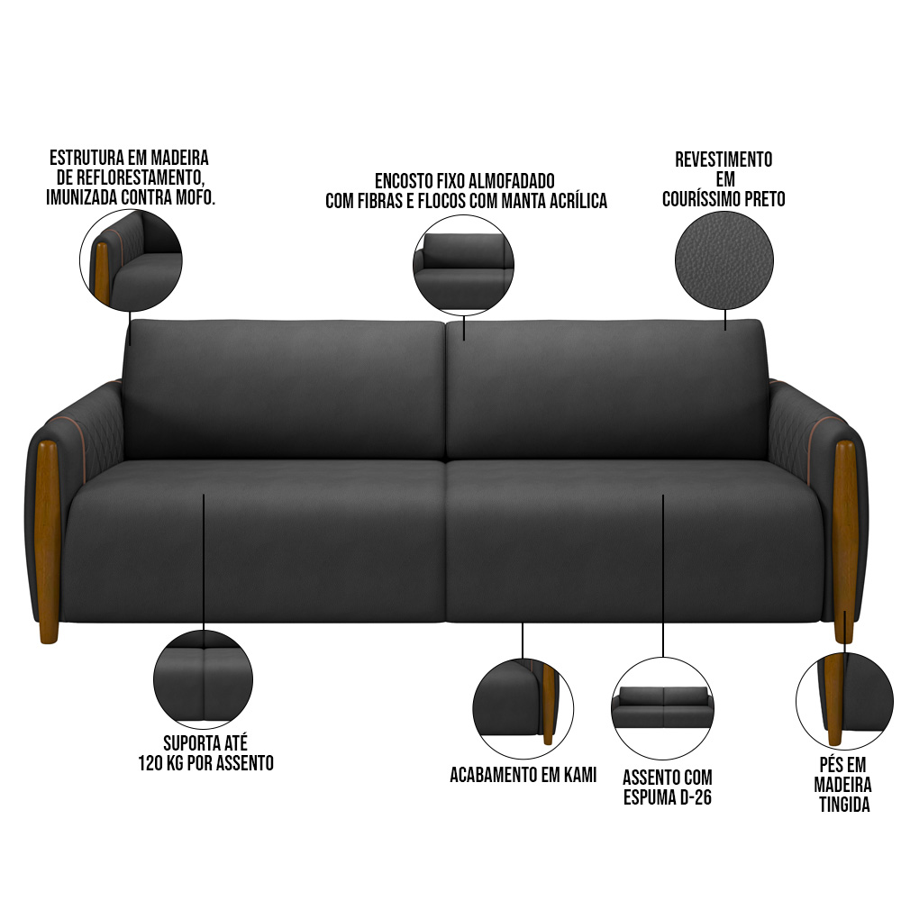Kit Sofá 03 Lugares Sala Estar 223cm Com 02 Poltronas Flora Pés Madeira M03 Couríssimo Preto - Lyam Decor