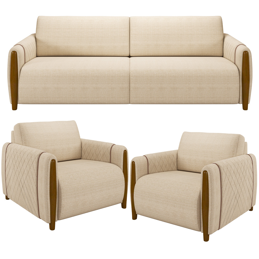Kit Sofá 03 Lugares Sala Estar 223cm Com 02 Poltronas Flora Pés Madeira M03 Linho Bege - Lyam Decor