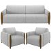 Kit Sofá 03 Lugares Sala Estar 223cm Com 02 Poltronas Flora Pés Madeira M03 Veludo Cinza - Lyam Decor