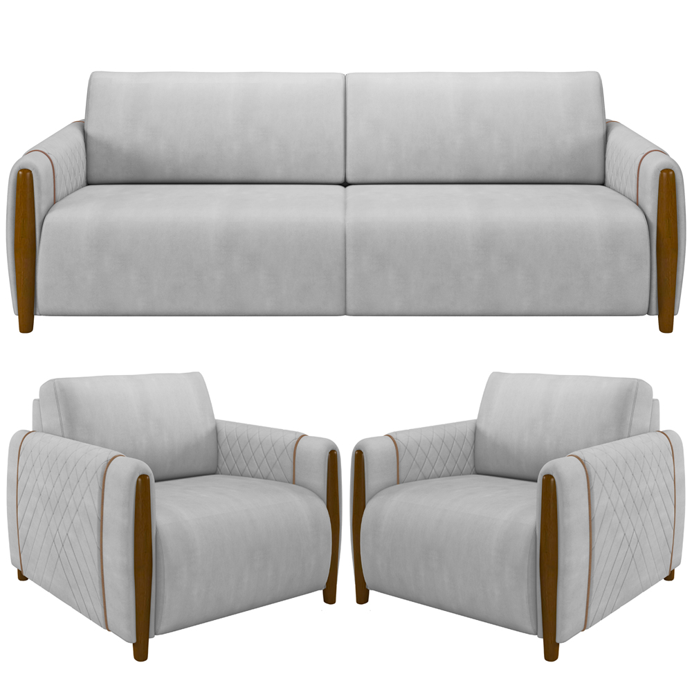 Kit Sofá 03 Lugares Sala Estar 223cm Com 02 Poltronas Flora Pés Madeira M03 Veludo Cinza - Lyam Decor