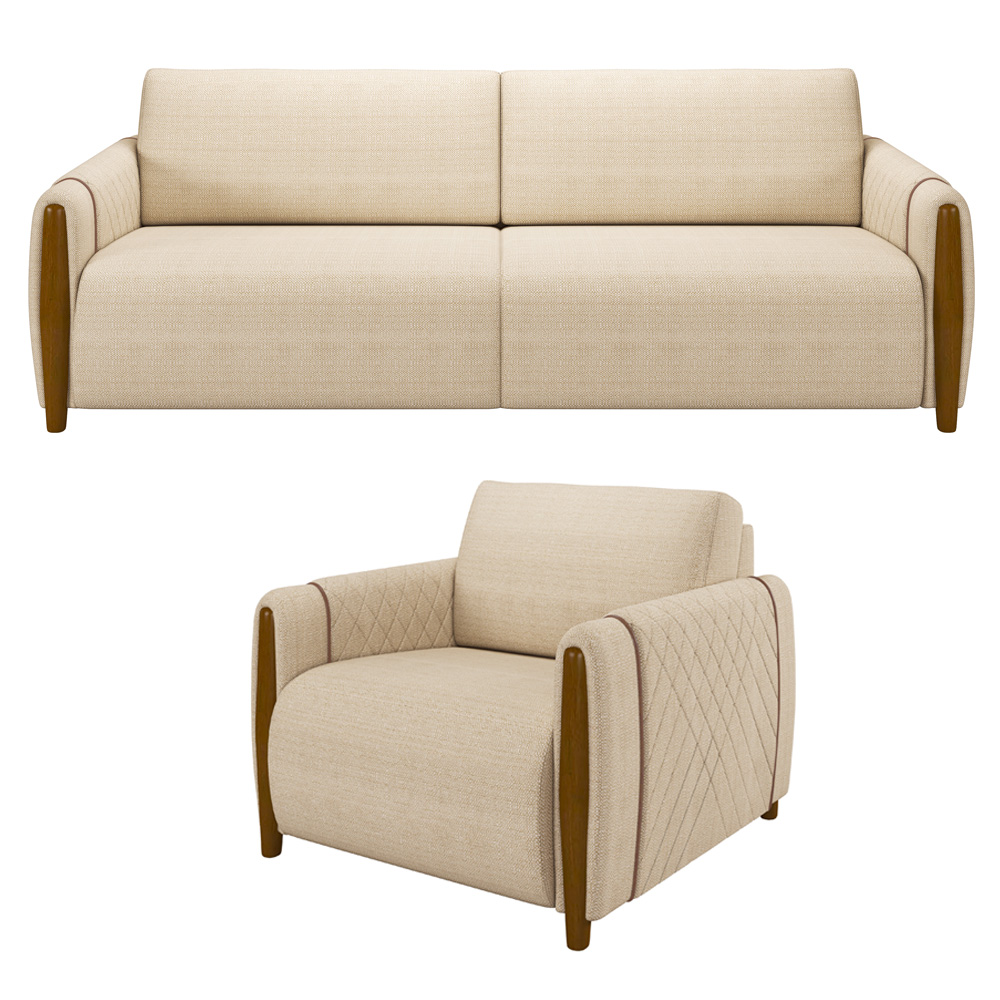 Kit Sofá 03 Lugares Sala Estar 223cm Com Poltrona Flora Pés De Madeira M03 Linho Bege - Lyam Decor