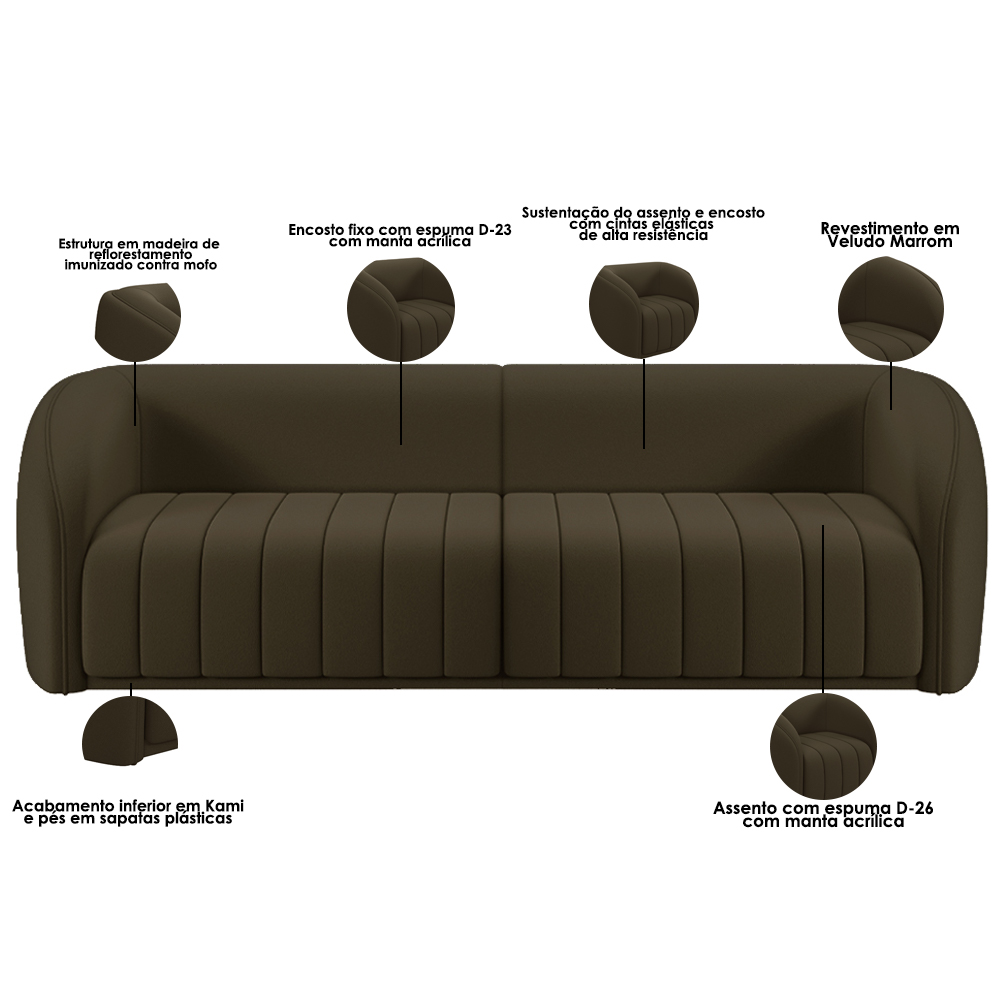 Kit Sofá 04 Lugares Para Sala 252 cm com 02 Poltronas Lazio M03 Veludo Marrom - Lyam Decor