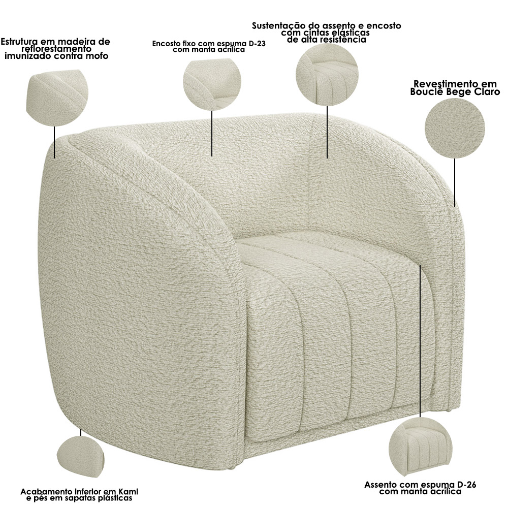 Kit Sofá 04 Lugares Para Sala 292 cm com 02 Poltronas Lazio M03 Bouclê Bege Claro - Lyam Decor