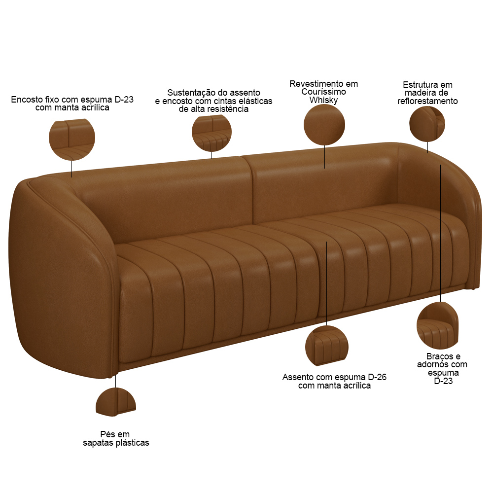Kit Sofá 04 Lugares Para Sala 292 cm com 02 Poltronas Lazio M03 Couríssimo Whisky - Lyam Decor