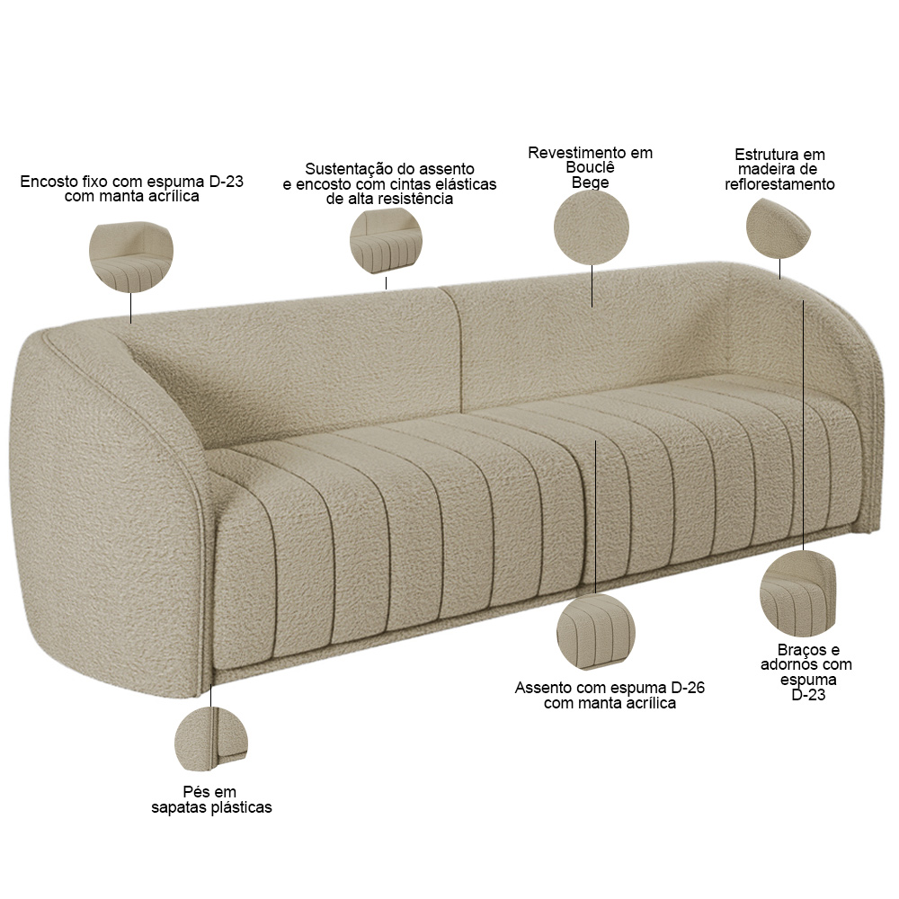Kit Sofá 04 Lugares Para Sala de Estar 292 cm Com 02 Poltronas Lazio M03 Bouclê Bege - Lyam Decor