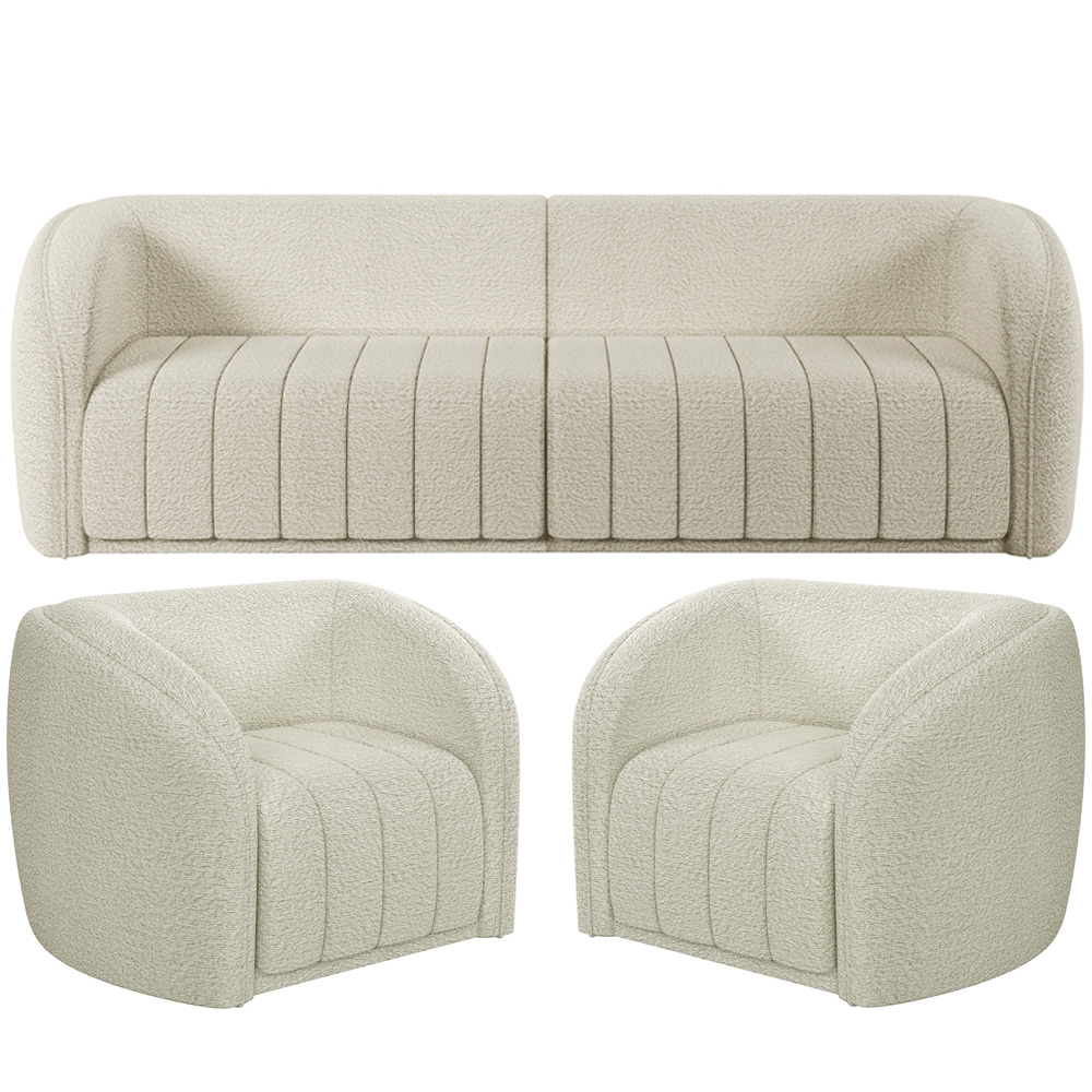 Kit Sofá 05 Lugares Para Sala 332 cm com 02 Poltronas Lazio M03 Bouclê Bege Claro - Lyam Decor