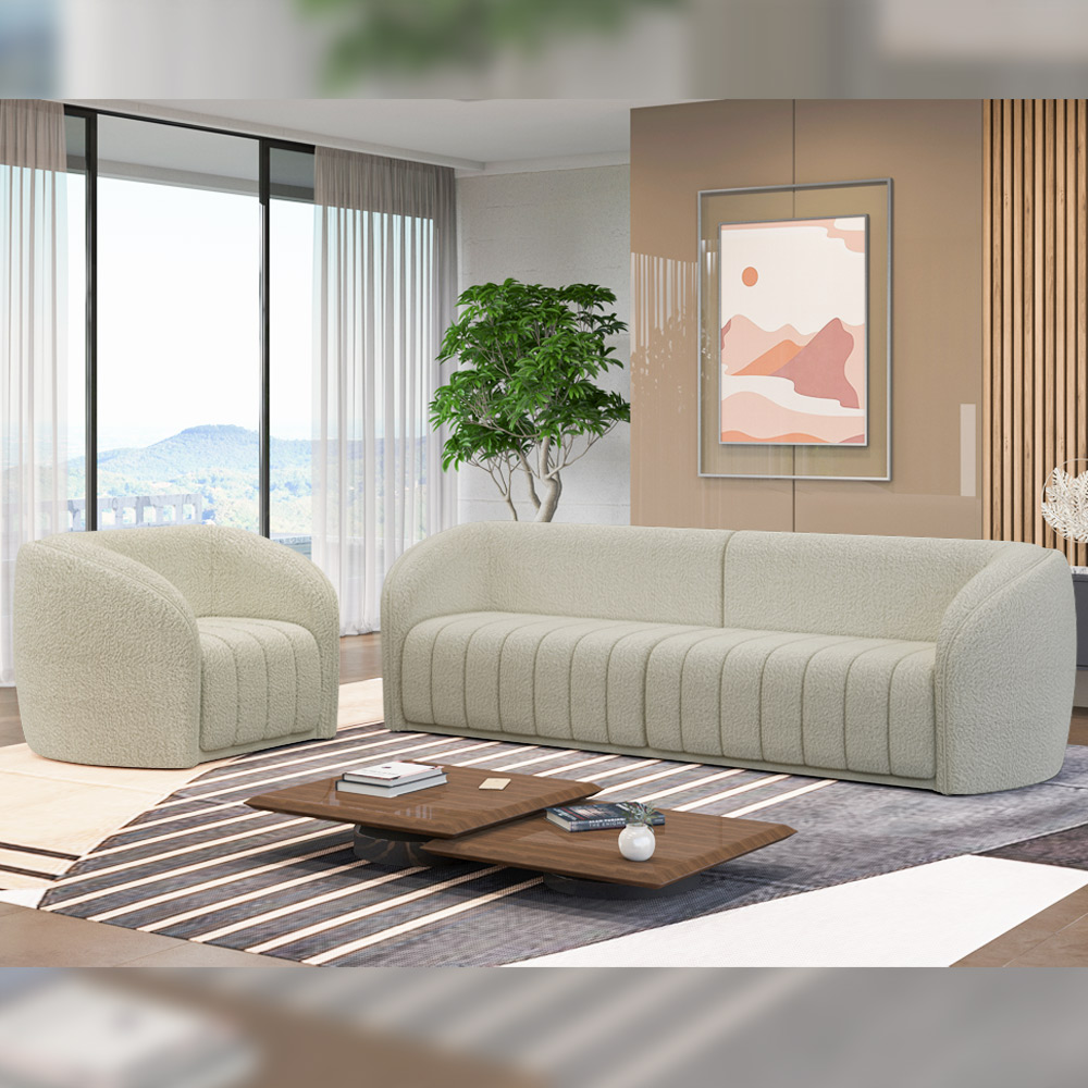Kit Sofá 05 Lugares Para Sala 332 cm com 02 Poltronas Lazio M03 Bouclê Bege Claro - Lyam Decor