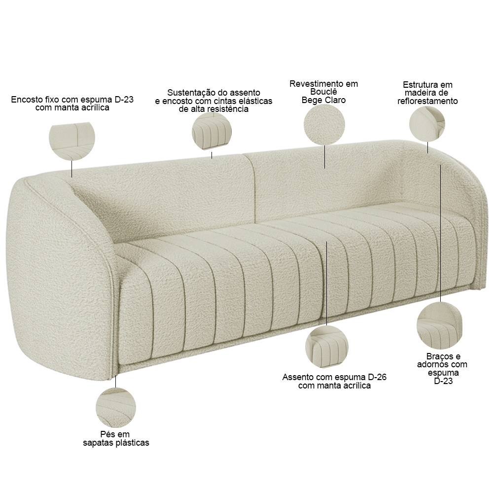 Kit Sofá 05 Lugares Para Sala 332 cm com 02 Poltronas Lazio M03 Bouclê Bege Claro - Lyam Decor