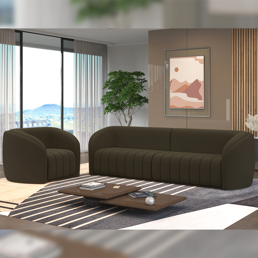 Kit Sofá 05 Lugares Para Sala 332 cm com 02 Poltronas Lazio M03 Veludo Marrom - Lyam Decor