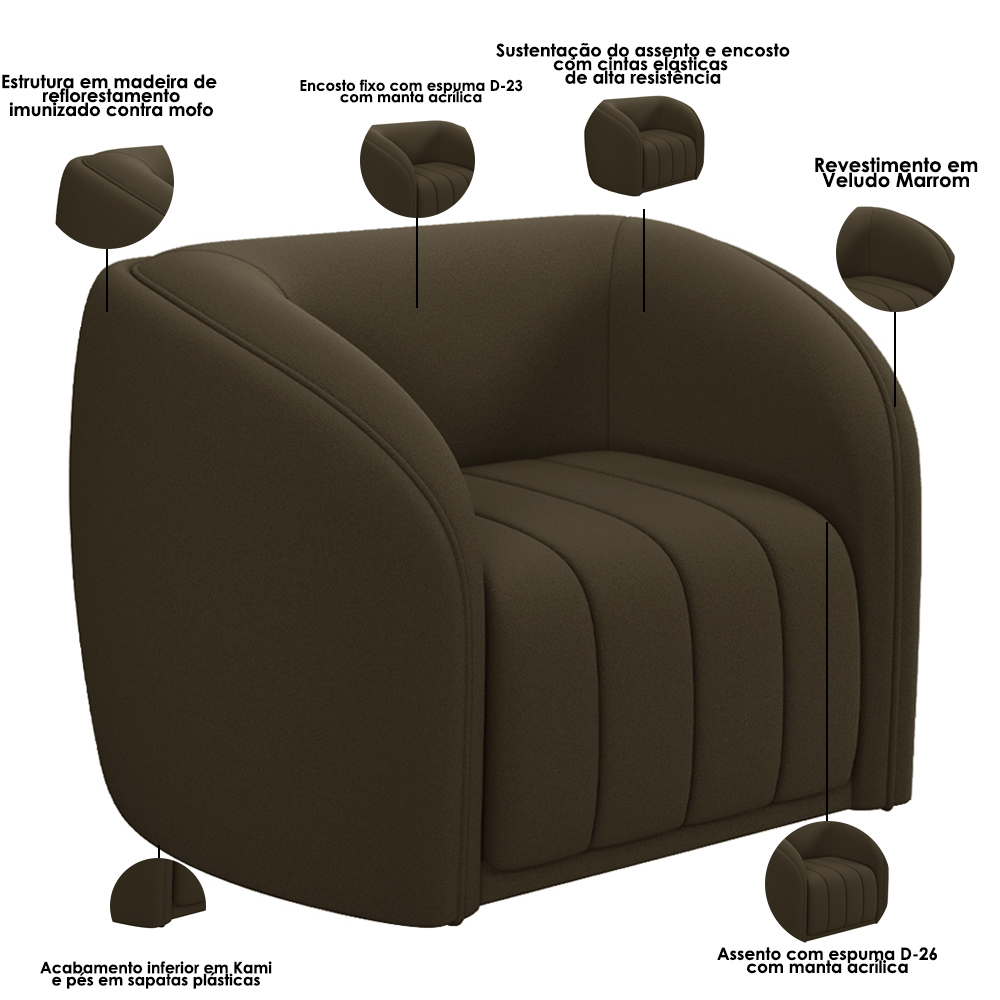 Kit Sofá 05 Lugares Para Sala 332 cm com 02 Poltronas Lazio M03 Veludo Marrom - Lyam Decor