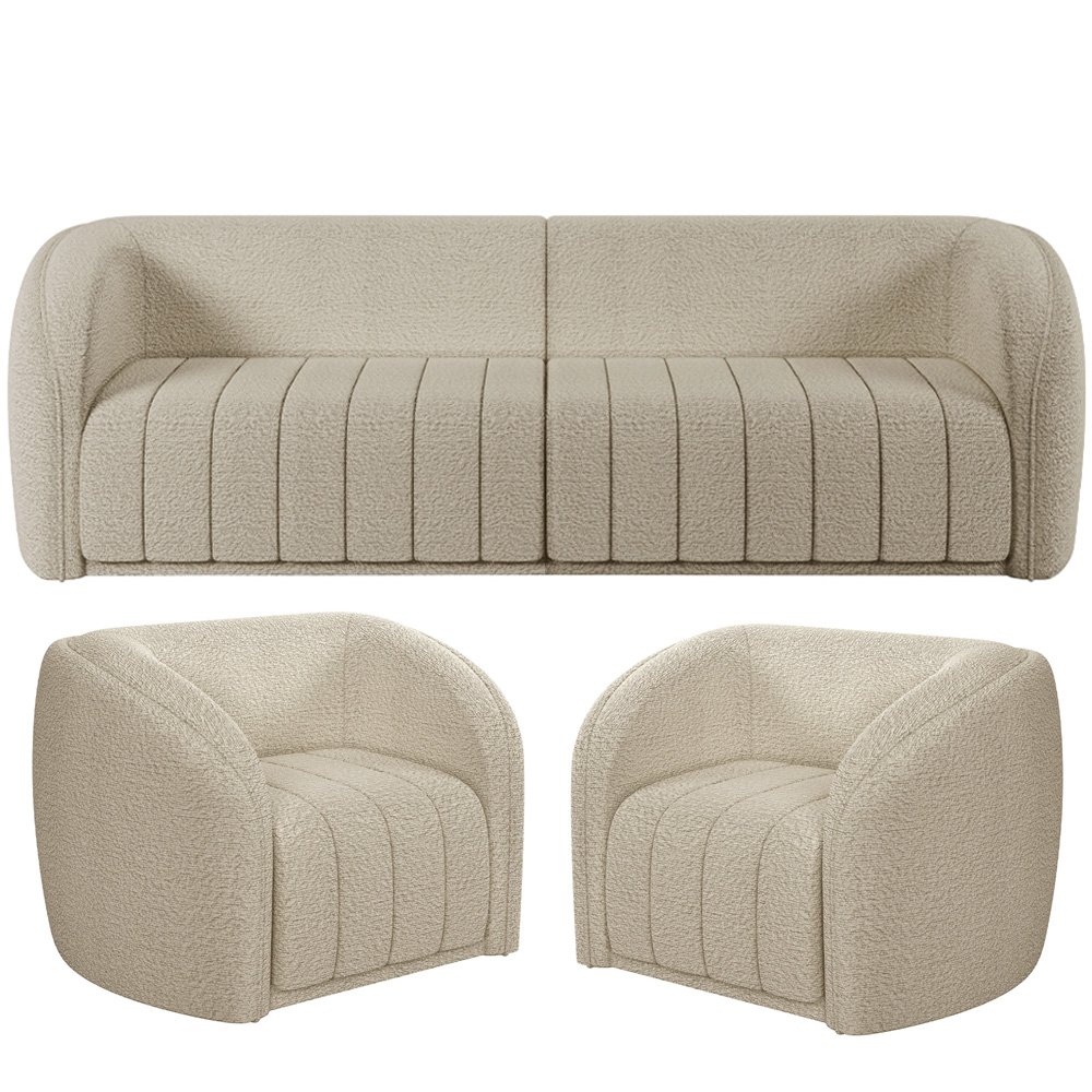 Kit Sofá 05 Lugares Para Sala de Estar 332 cm Com 02 Poltronas Lazio M03 Bouclê Bege - Lyam Decor