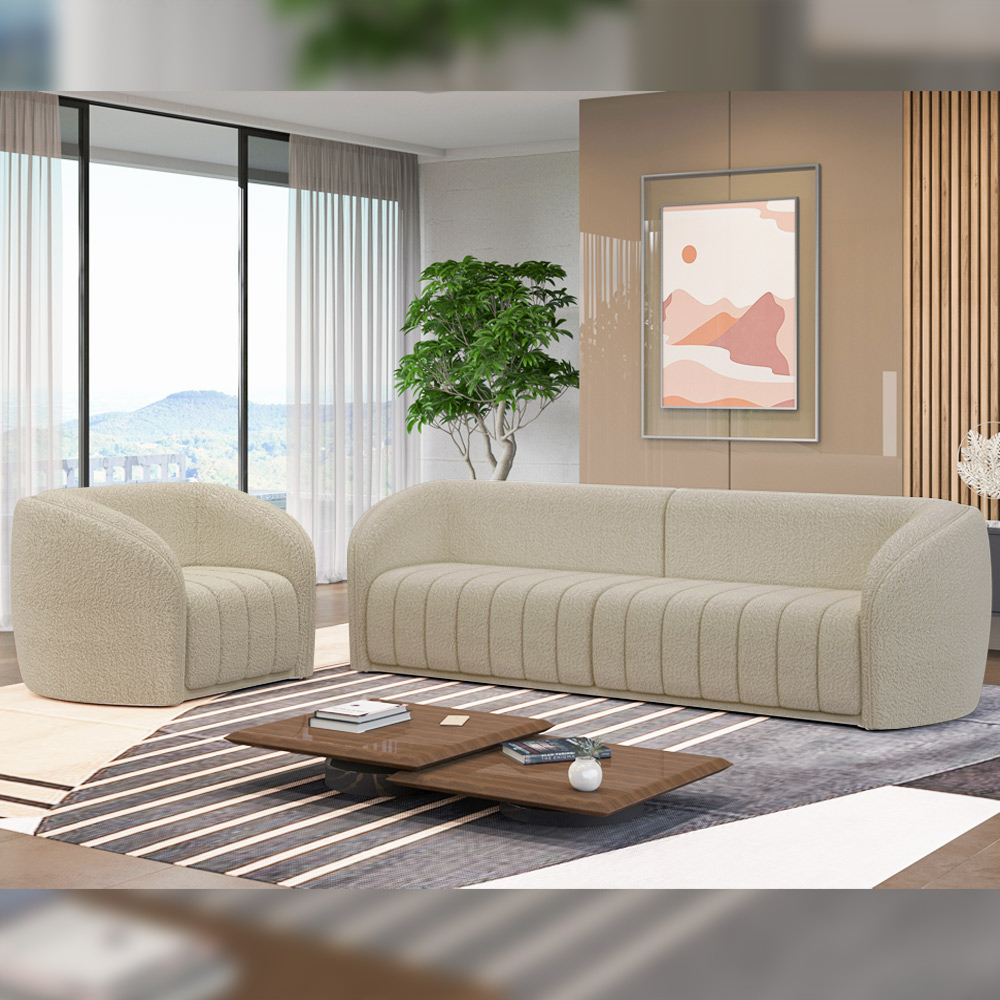 Kit Sofá 05 Lugares Para Sala de Estar 332 cm Com 02 Poltronas Lazio M03 Bouclê Bege - Lyam Decor