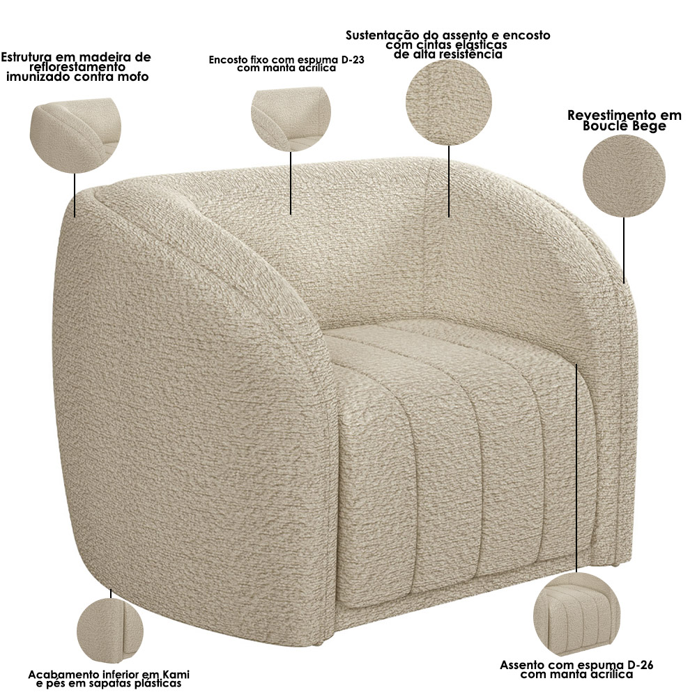 Kit Sofá 05 Lugares Para Sala de Estar 332 cm Com 02 Poltronas Lazio M03 Bouclê Bege - Lyam Decor