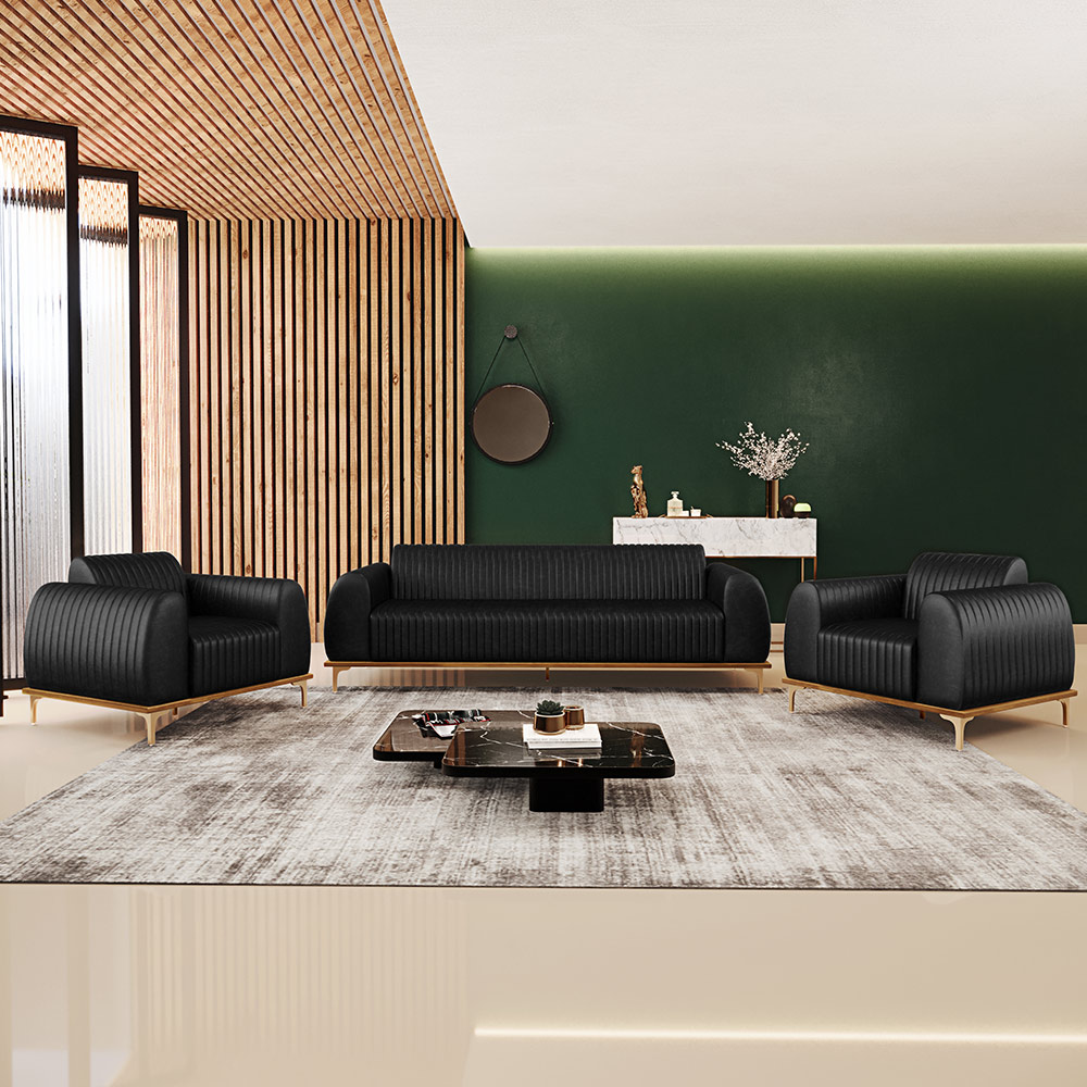 Kit Sofá 2 Lugares 150cm Com 2 Poltronas Molino Pés D'ouro D02 Couríssimo Preto B-159 - Lyam Decor