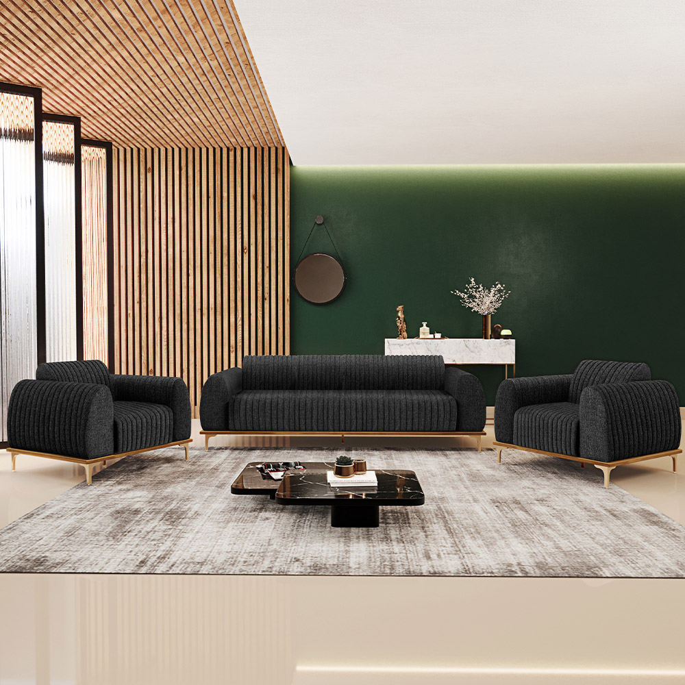 Kit Sofá 2 Lugares 150cm Com 2 Poltronas Molino Pés D'ouro D02 Linho Chumbo D-465 - Lyam Decor