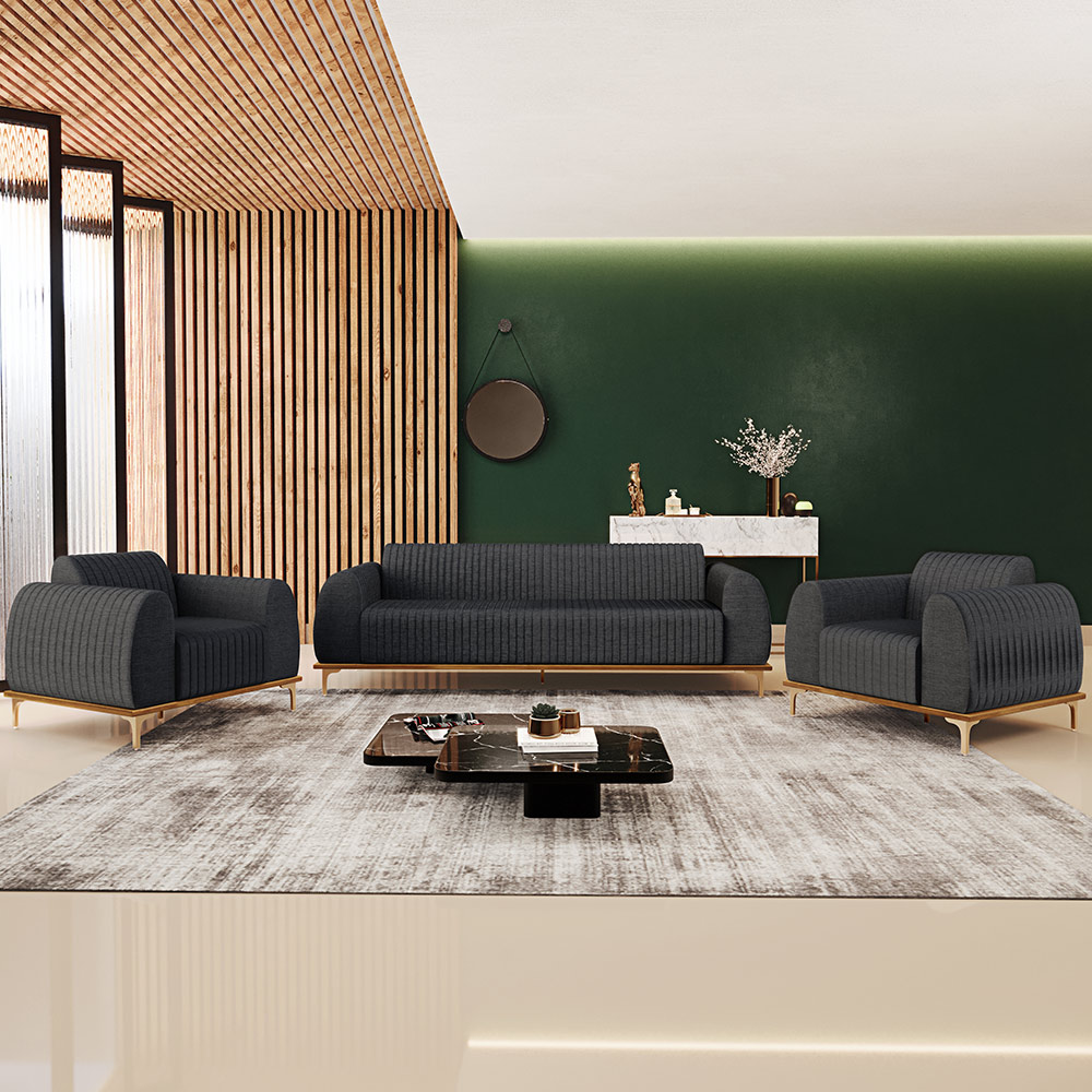 Kit Sofá 2 Lugares 150cm Com 2 Poltronas Molino Pés D'ouro D02 Linho Cinza Escuro C-416 - Lyam Decor