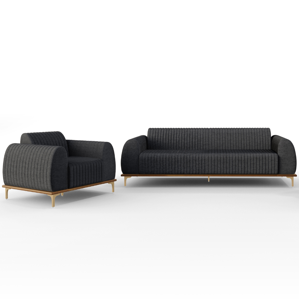 Kit Sofá 2 Lugares 150cm Com Poltrona Molino Pés D'ouro D02 Linho Cinza Escuro C-416 - Lyam Decor
