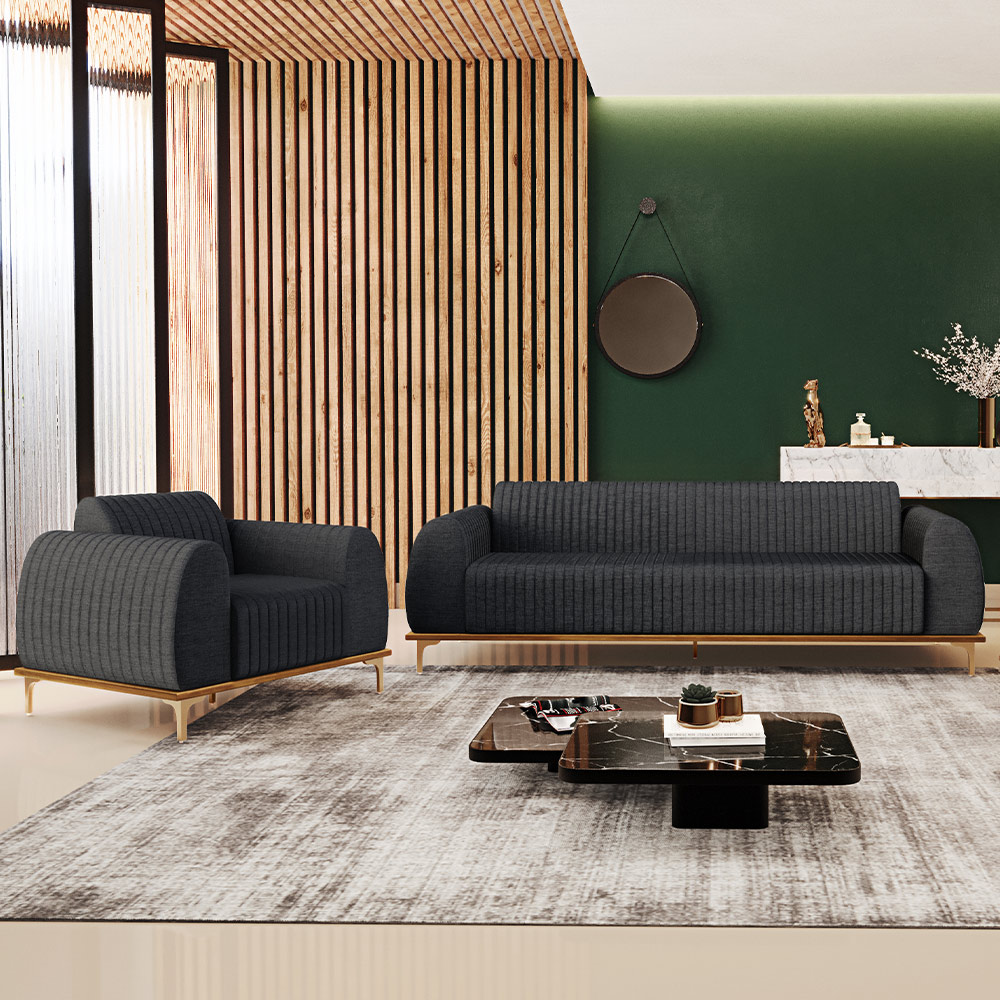 Kit Sofá 2 Lugares 150cm Com Poltrona Molino Pés D'ouro D02 Linho Cinza Escuro C-416 - Lyam Decor