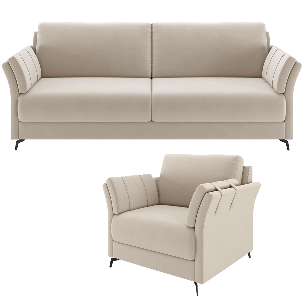 Kit Sofá 2 Lugares 164cm Com 01 Poltronas Álamo M03 Veludo Bege - Lyam Decor