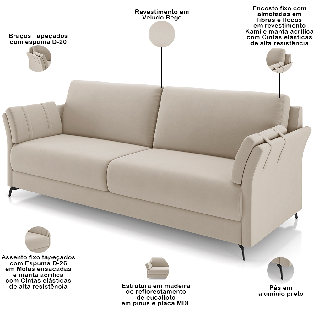Kit Sofá 2 Lugares 164cm Com 01 Poltronas Álamo M03 Veludo Bege - Lyam Decor