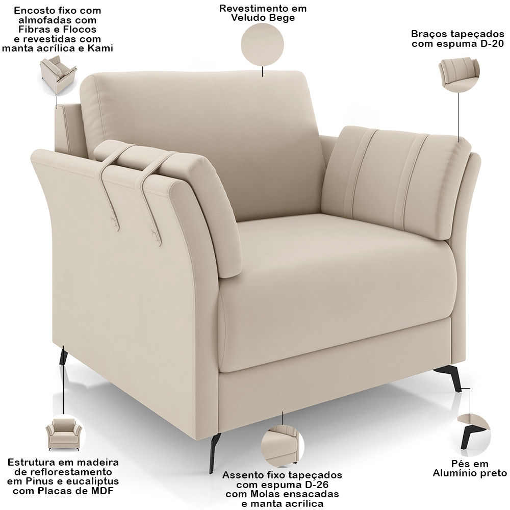 Kit Sofá 2 Lugares 164cm Com 01 Poltronas Álamo M03 Veludo Bege - Lyam Decor