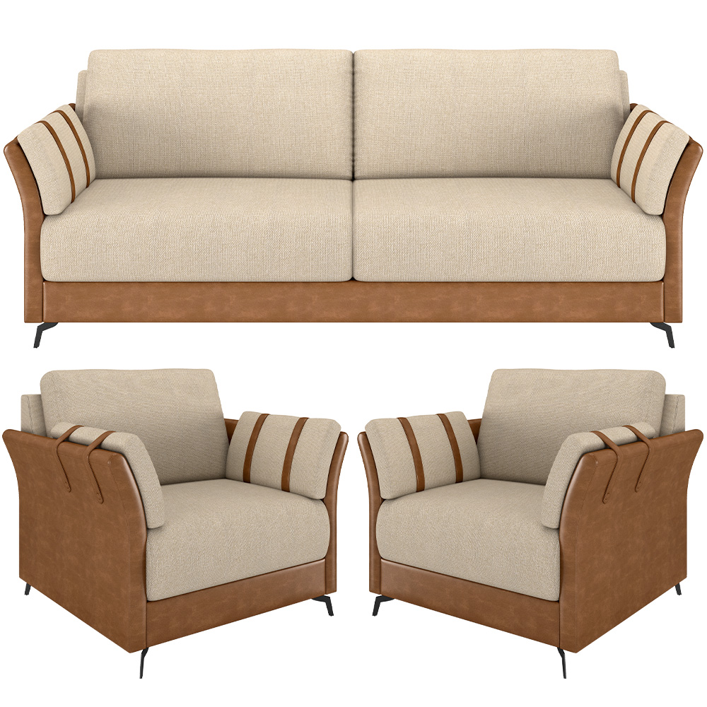Kit Sofá 2 Lugares 164cm Com 02 Poltrona Álamo M03 Couríssimo Whisky Linho Bege - Lyam Decor