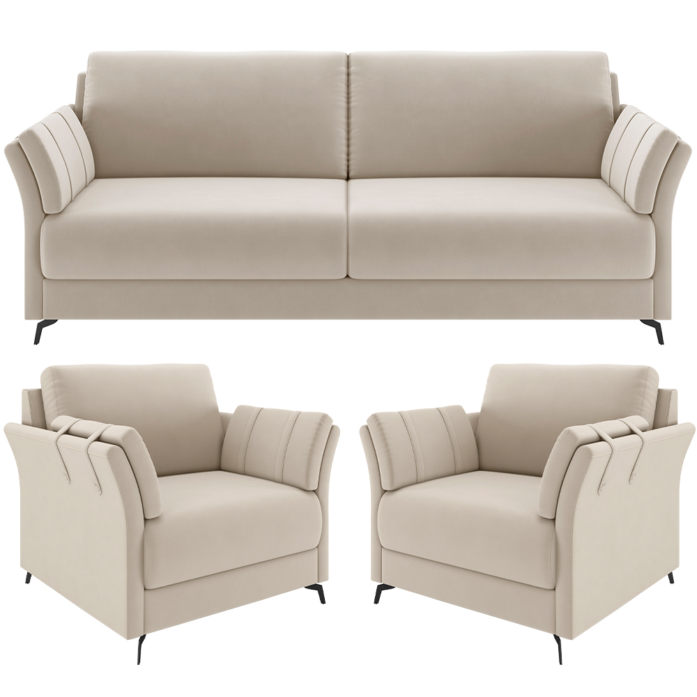Kit Sofá 2 Lugares 164cm Com 02 Poltrona Álamo M03 Veludo Bege - Lyam Decor