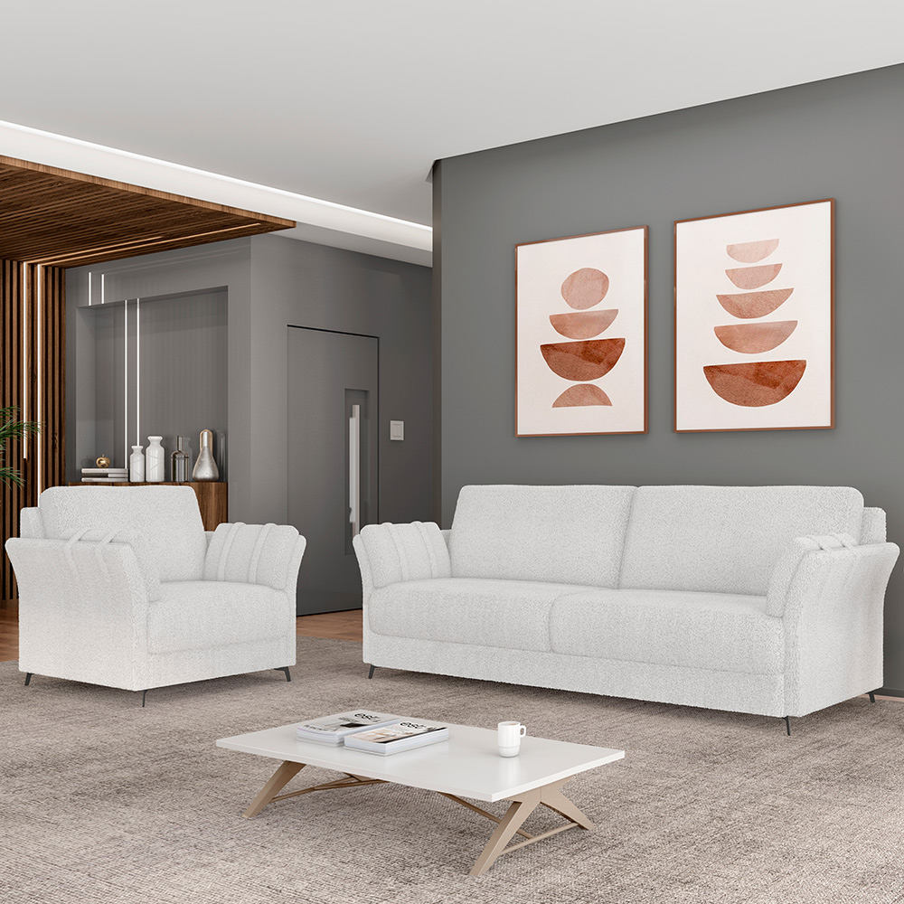 Kit Sofá 2 Lugares 164cm com 02 Poltronas Álamo M03 Bouclê Branco - Lyam Decor