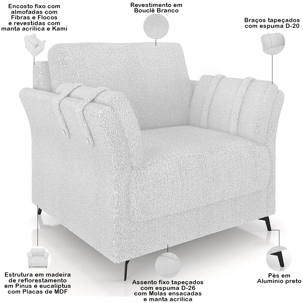 Kit Sofá 2 Lugares 164cm com 02 Poltronas Álamo M03 Bouclê Branco - Lyam Decor