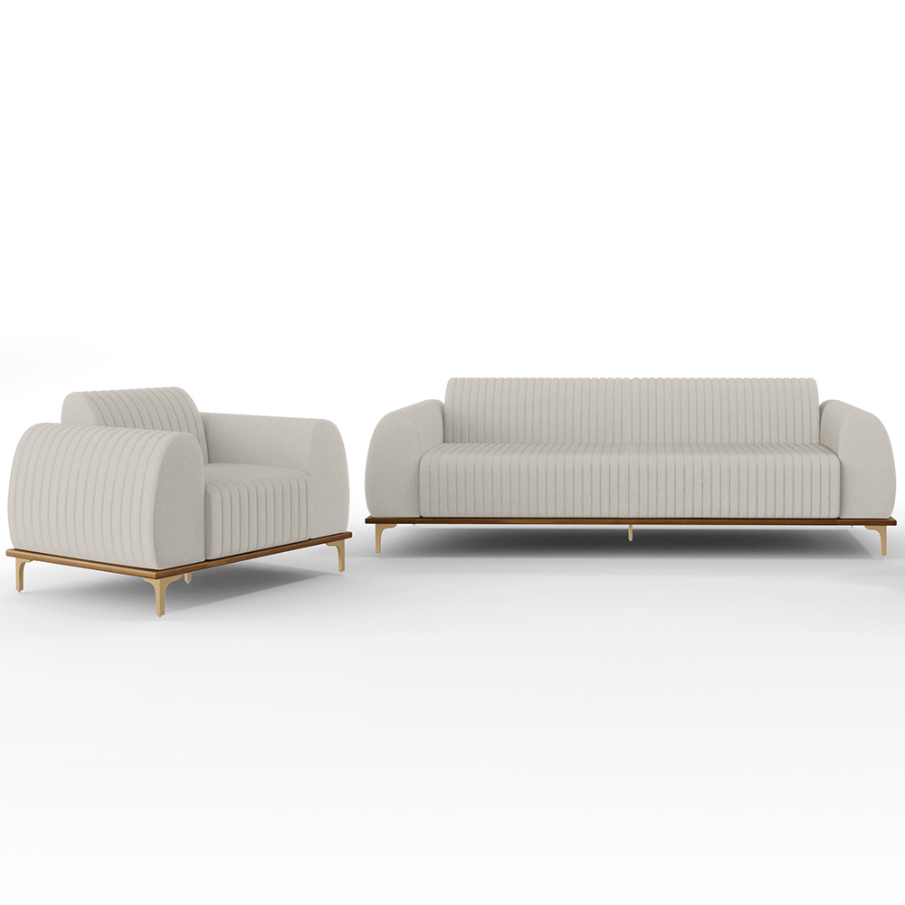 Kit Sofá 2 Lugares Sala Estar 150cm Com Poltrona Molino Pés D'ouro D02 Linho Cru C-443 - Lyam Decor