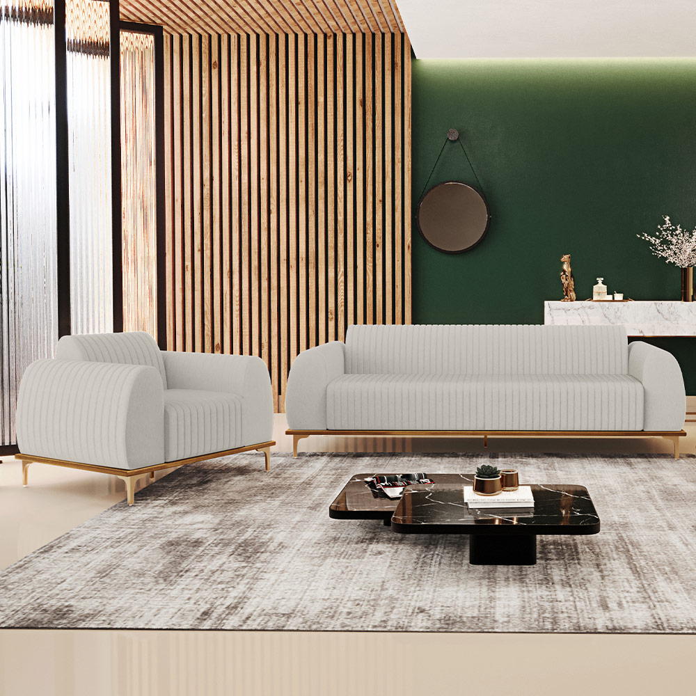 Kit Sofá 2 Lugares Sala Estar 150cm Com Poltrona Molino Pés D'ouro D02 Linho Cru C-443 - Lyam Decor