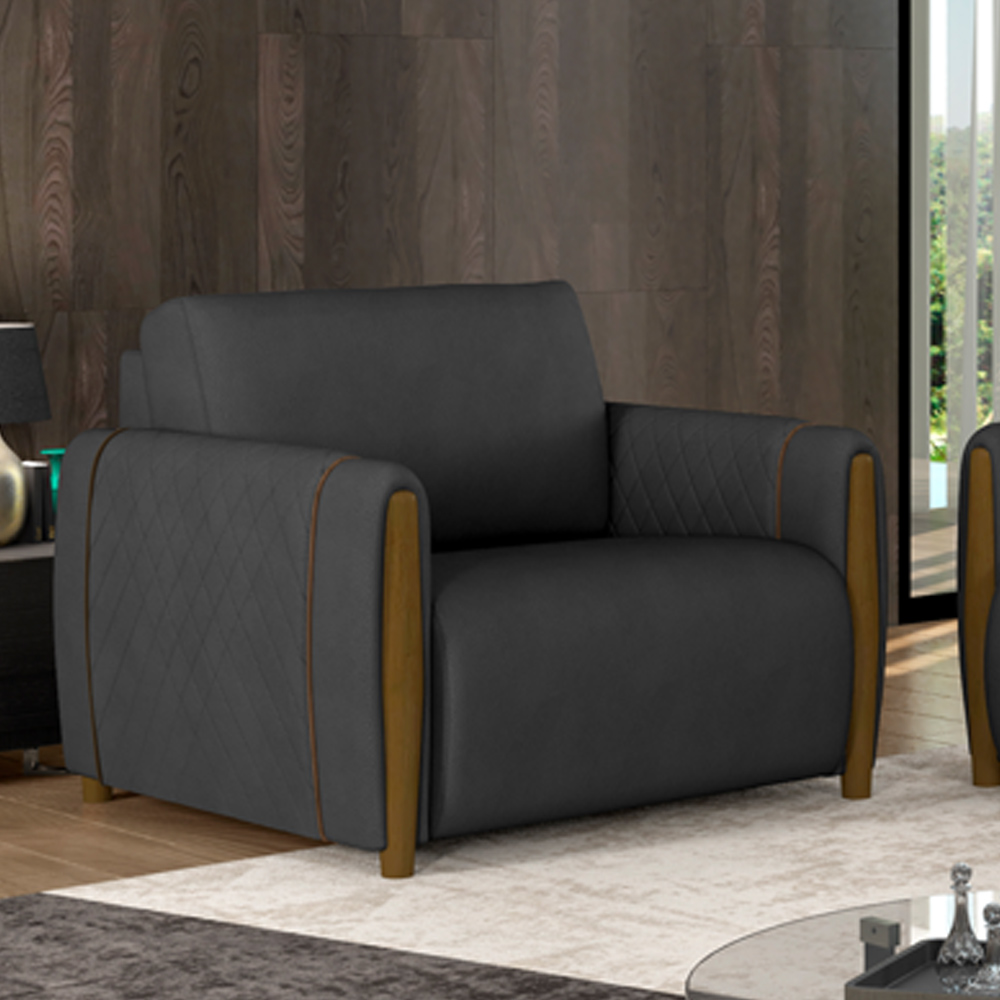 Kit Sofá 2 Lugares Sala Estar 168cm Com Poltrona Flora Pés De Madeira M03 Couríssimo Preto - Lyam Decor