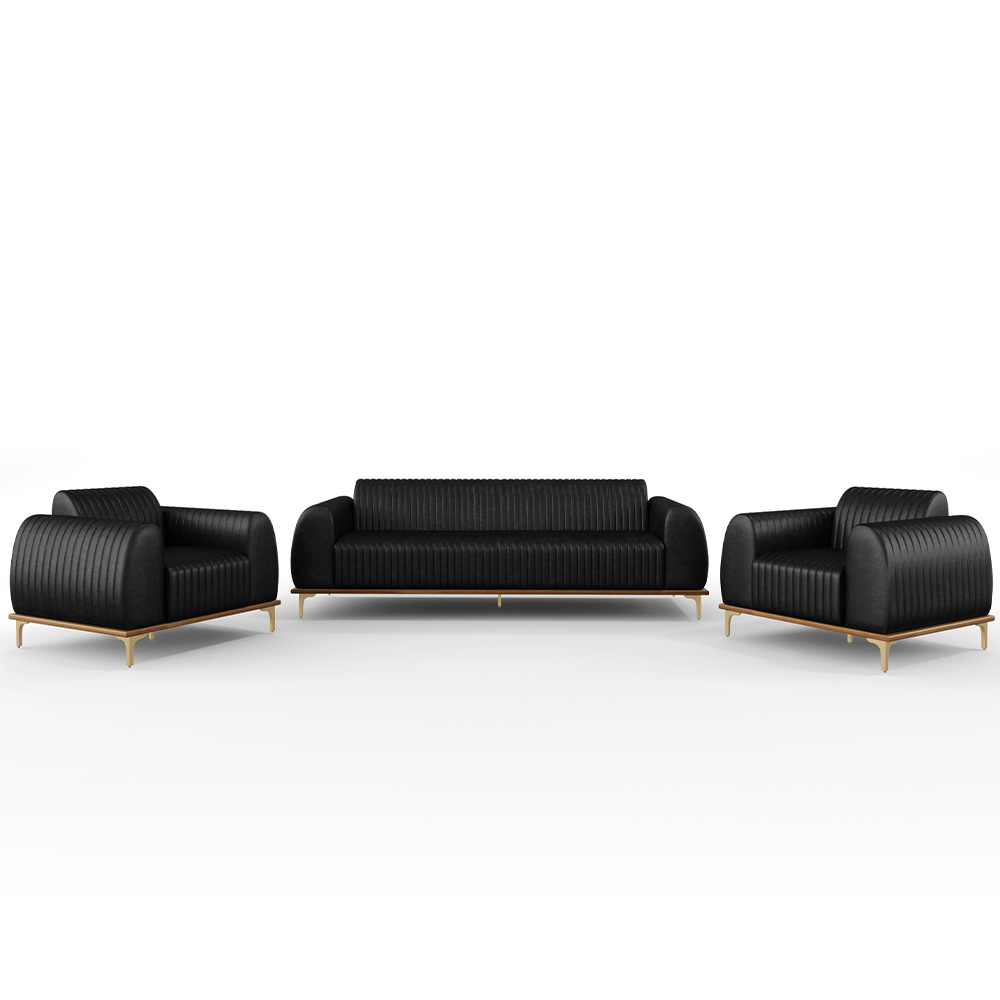 Kit Sofá 3 Lugares 180cm Com 2 Poltronas Molino Pés D'ouro D02 Couríssimo Preto B-159 - Lyam Decor