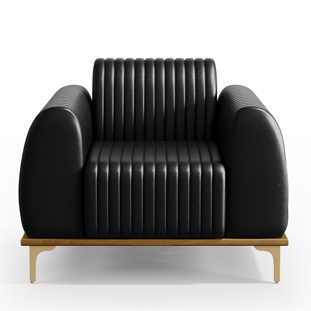 Kit Sofá 3 Lugares 180cm Com 2 Poltronas Molino Pés D'ouro D02 Couríssimo Preto B-159 - Lyam Decor
