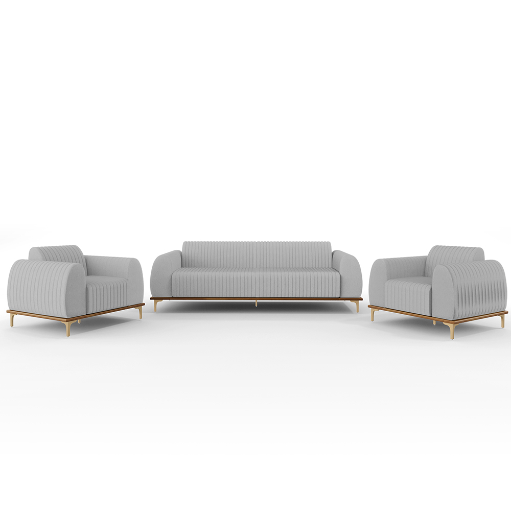 Kit Sofá 3 Lugares 180cm Com 2 Poltronas Molino Pés D'ouro D02 Linho Cinza D-315 - Lyam Decor