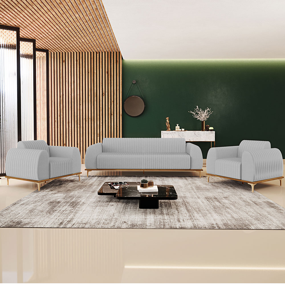 Kit Sofá 3 Lugares 180cm Com 2 Poltronas Molino Pés D'ouro D02 Linho Cinza D-315 - Lyam Decor