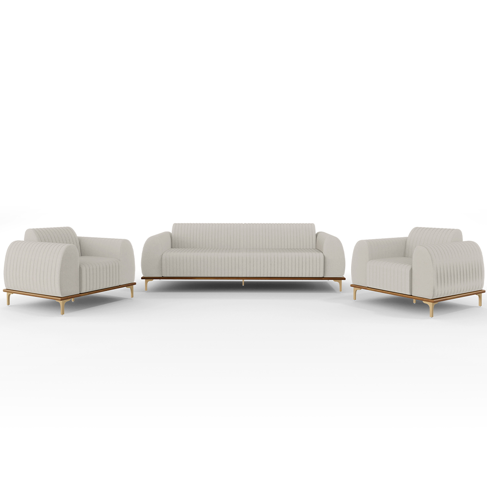 Kit Sofá 3 Lugares 180cm Com 2 Poltronas Molino Pés D'ouro D02 Linho Cru C-443 - Lyam Decor