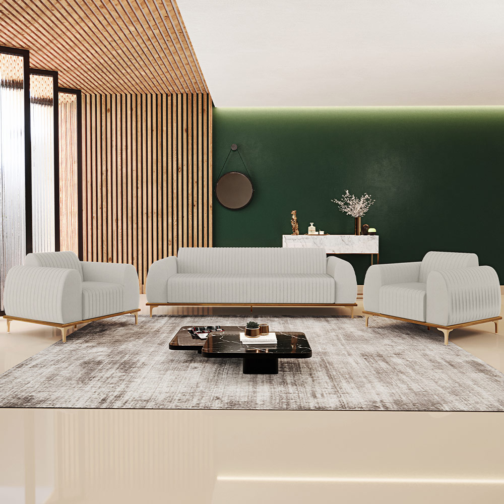 Kit Sofá 3 Lugares 180cm Com 2 Poltronas Molino Pés D'ouro D02 Linho Cru C-443 - Lyam Decor