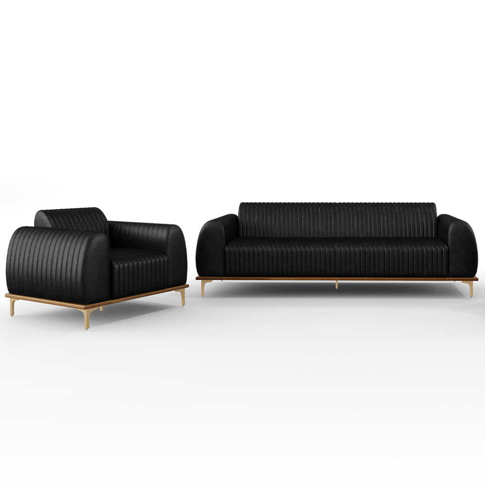 Kit Sofá 3 Lugares 180cm Com Poltrona Molino Pés D'ouro D02 Couríssimo Preto B-159 - Lyam Decor