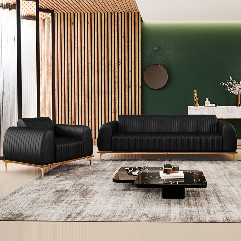 Kit Sofá 3 Lugares 180cm Com Poltrona Molino Pés D'ouro D02 Couríssimo Preto B-159 - Lyam Decor