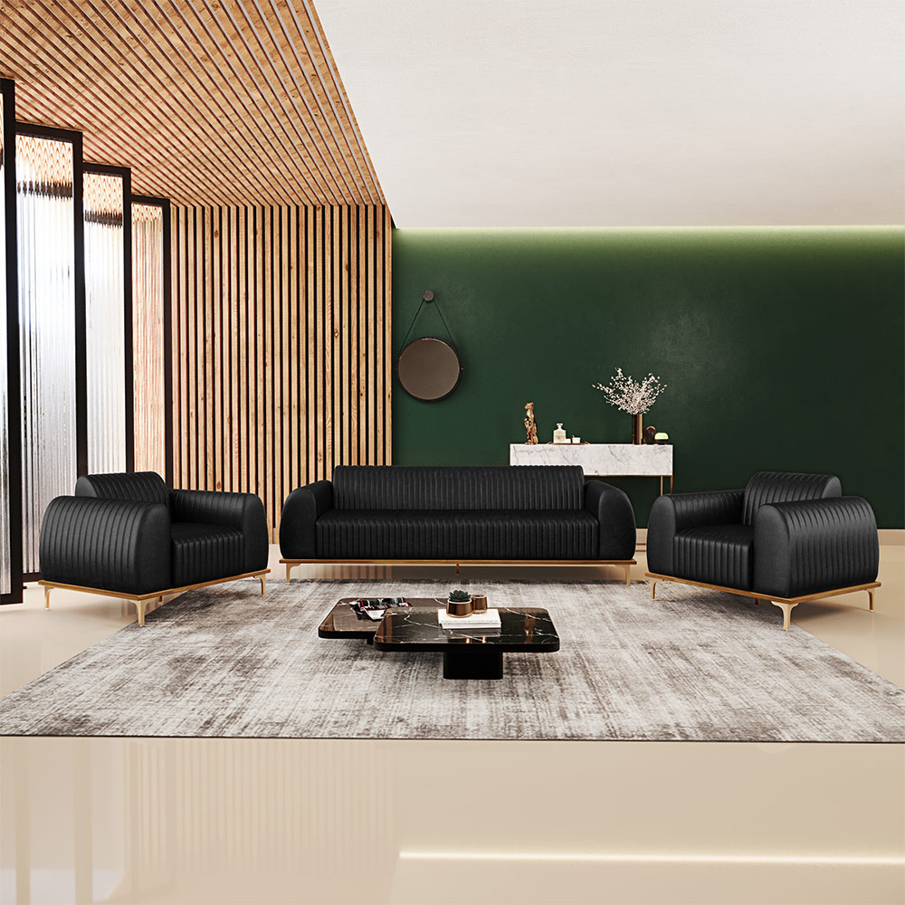 Kit Sofá 3 Lugares 210cm Com 2 Poltronas Molino Pés D'ouro D02 Couríssimo Preto B-159 - Lyam Decor