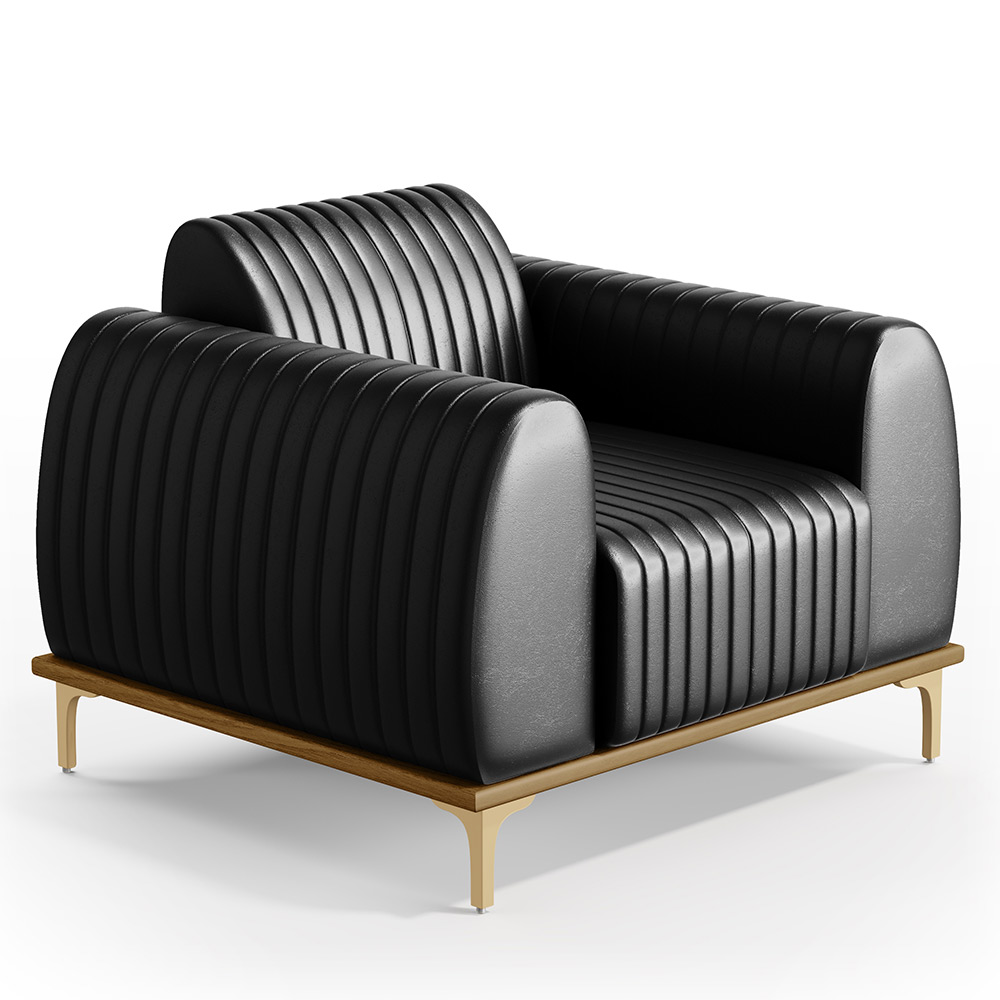 Kit Sofá 3 Lugares 210cm Com 2 Poltronas Molino Pés D'ouro D02 Couríssimo Preto B-159 - Lyam Decor