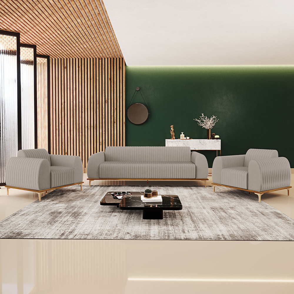Kit Sofá 3 Lugares 210cm Com 2 Poltronas Molino Pés D'ouro D02 Linho Bege C-107 - Lyam Decor