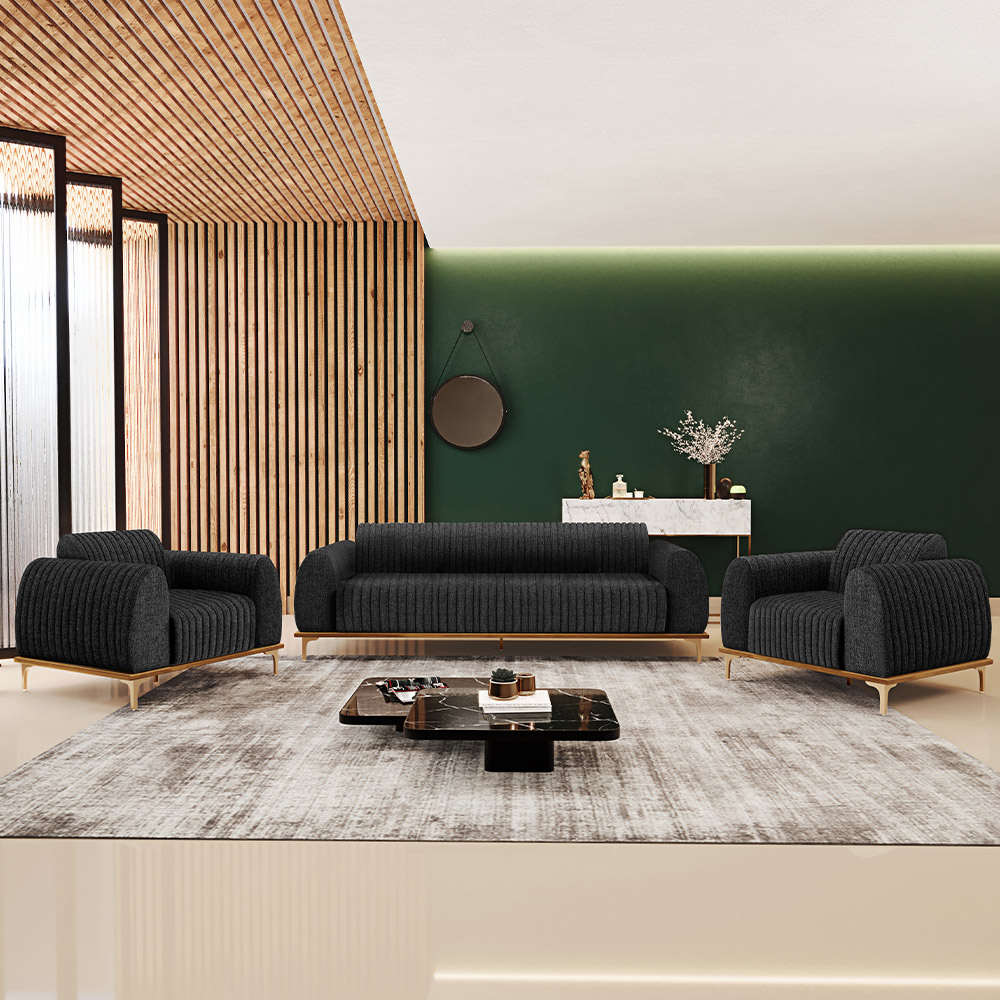 Kit Sofá 3 Lugares 210cm Com 2 Poltronas Molino Pés D'ouro D02 Linho Chumbo D-465 - Lyam Decor