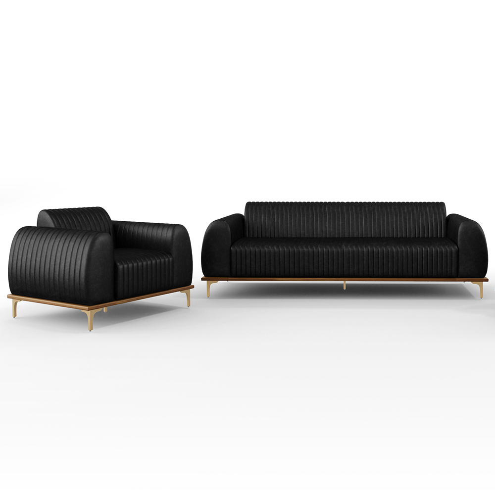 Kit Sofá 3 Lugares 210cm Com Poltrona Molino Pés D'ouro D02 Couríssimo Preto B-159 - Lyam Decor