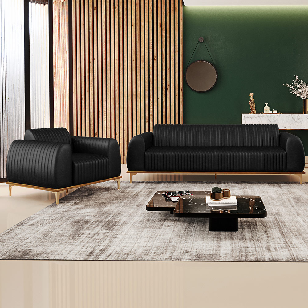 Kit Sofá 3 Lugares 210cm Com Poltrona Molino Pés D'ouro D02 Couríssimo Preto B-159 - Lyam Decor